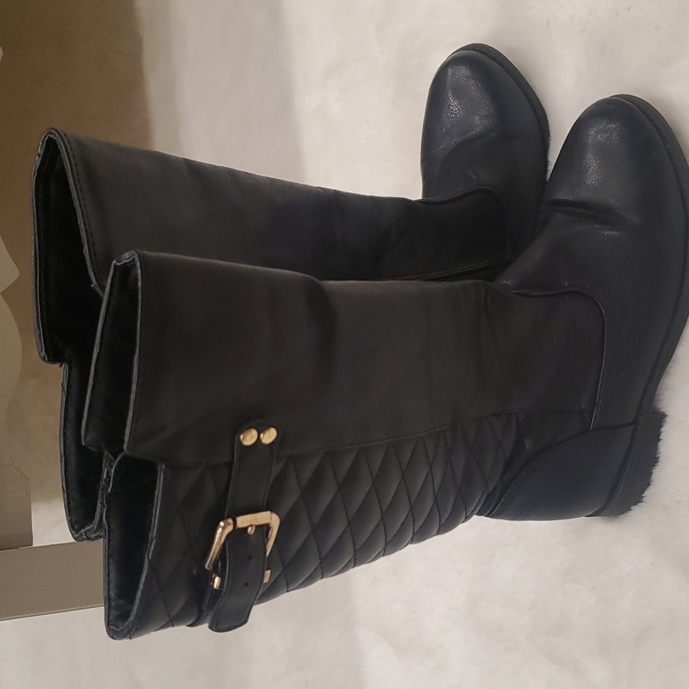 Girls black leather knee high boots